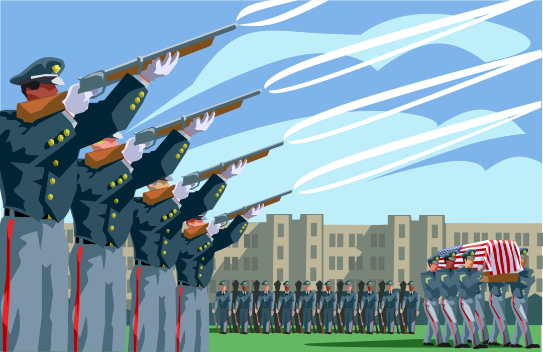 Vector Illustration of Military Funeral with Marines Firing Rifles in Gun Salute