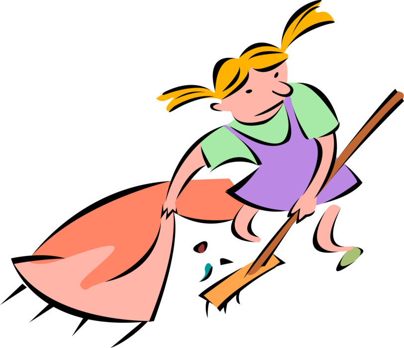 Vector Illustration of Girl Sweeping Dirt Under the Carpet
