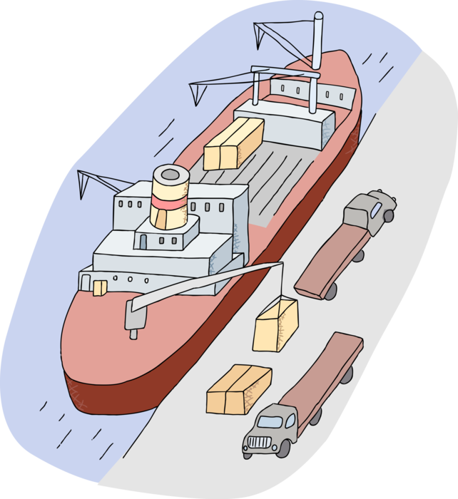 Vector Illustration of Cargo Ship at Port Terminal Dock Unloading Containers on Transport Trucks