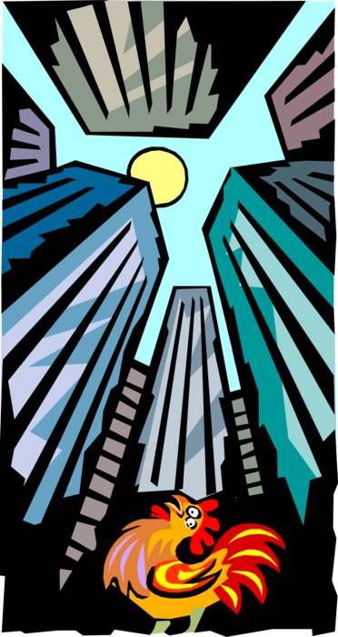 Vector Illustration of Male Chicken Rooster or Cockerel Crowing at Sun Through Skyscrapers