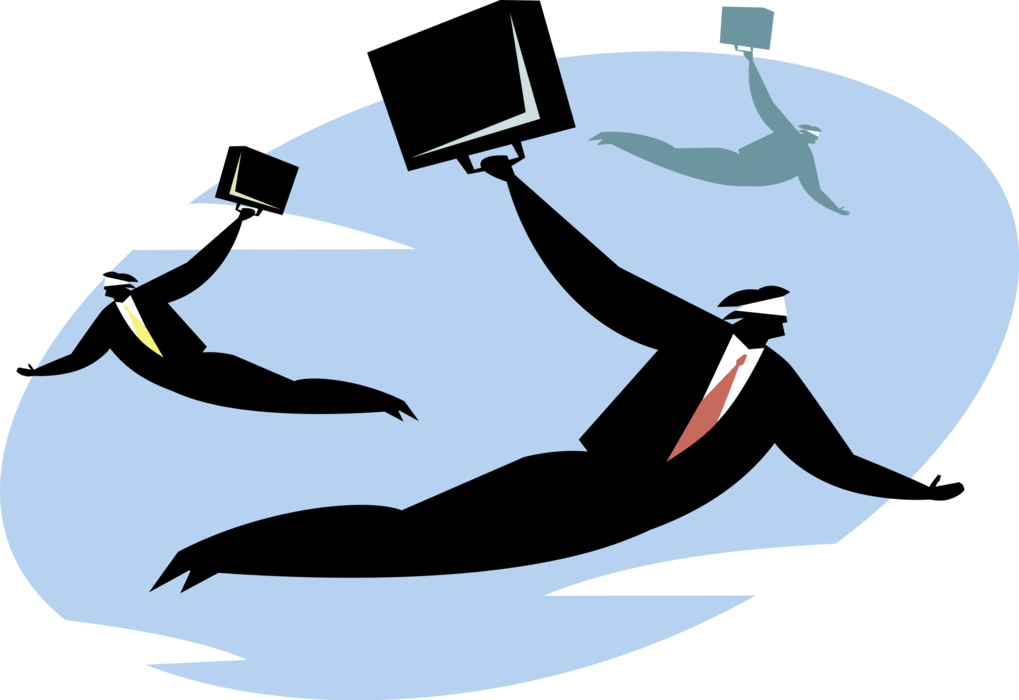 Vector Illustration of Blindfolded Businessmen Fly Erratically with Briefcases in the Sky