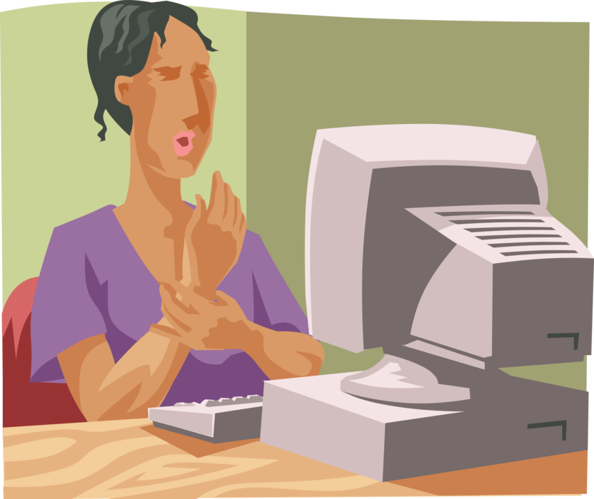 Vector Illustration of Woman at Computer Relaxing Her Wrists, Carpal Tunnel Syndrome