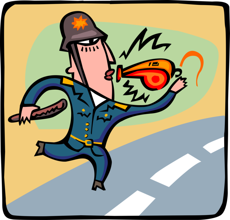 Vector Illustration of British Policeman Bobby with Whistle and Nightstick Chases Criminal