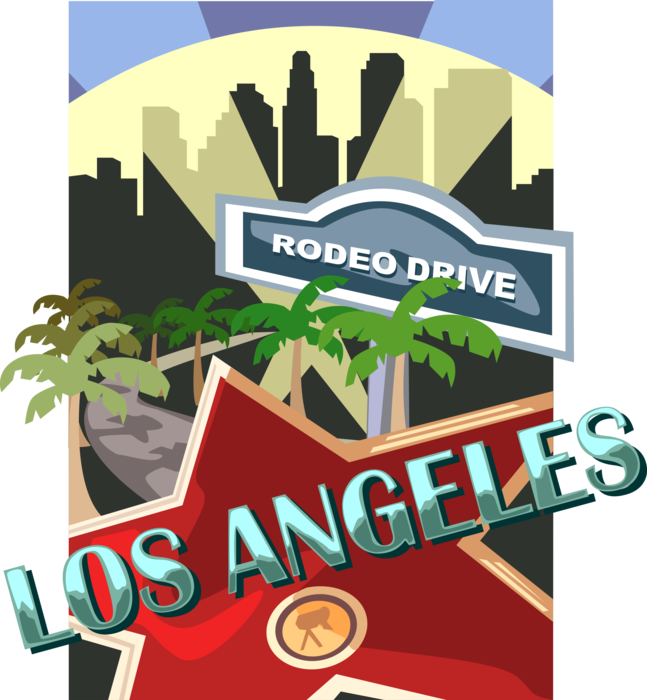 Vector Illustration of Los Angeles and Rodeo Drive with Hollywood Spotlights, California