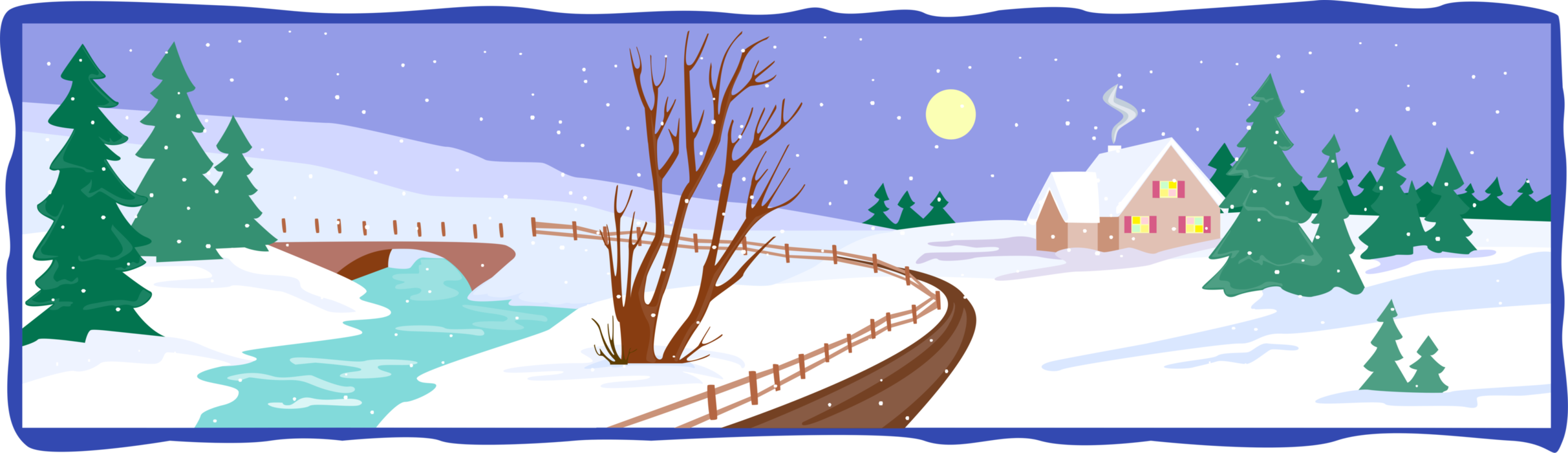Vector Illustration of Winter Landscape Road with Stream, Country Home and Snow