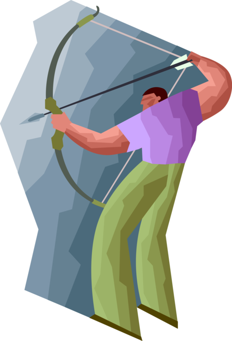 Vector Illustration of Archer with Bow String Fully Drawn and Ready to Shoot Arrow