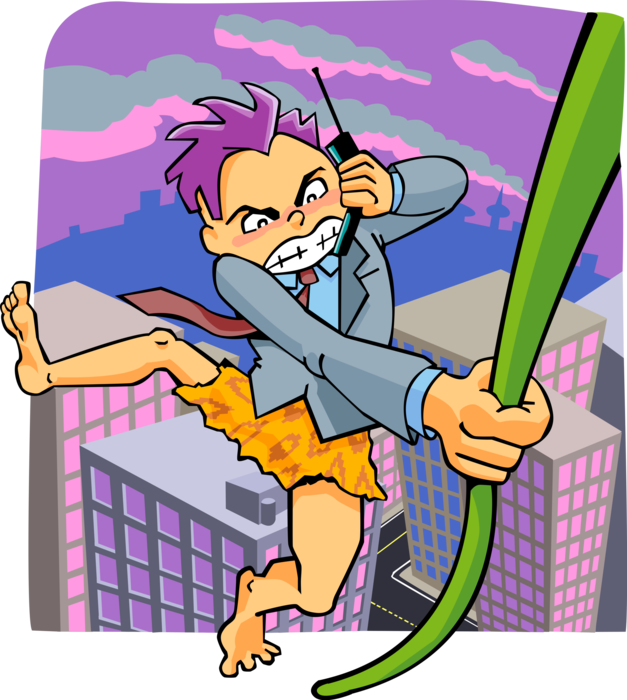 Vector Illustration of Businessman in Concrete Jungle Swings on Vine