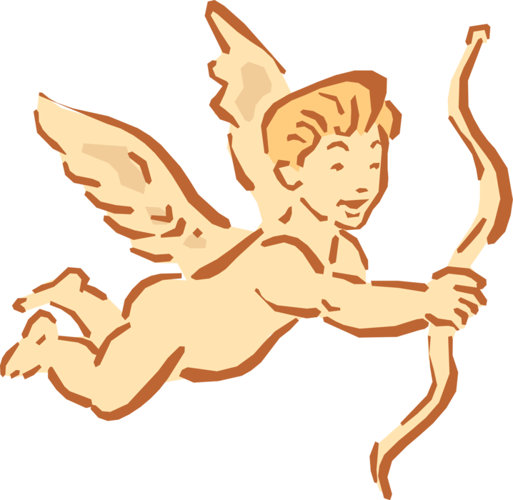 Vector Illustration of Cupid Archer God of Desire and Erotic Love Angel Shoots Archery Bow and Arrow
