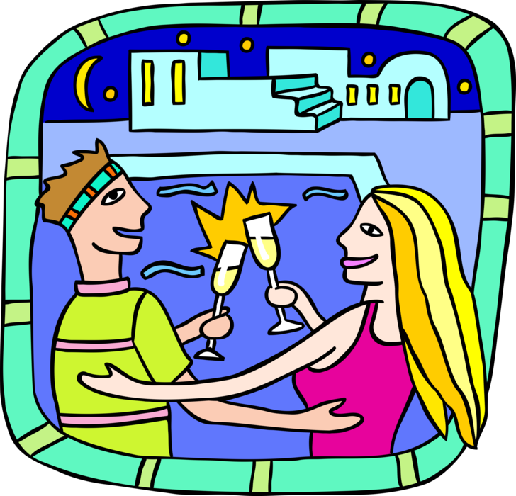 Vector Illustration of Vacation Couple Celebrate with Champagne Toast at Luxury Resort!
