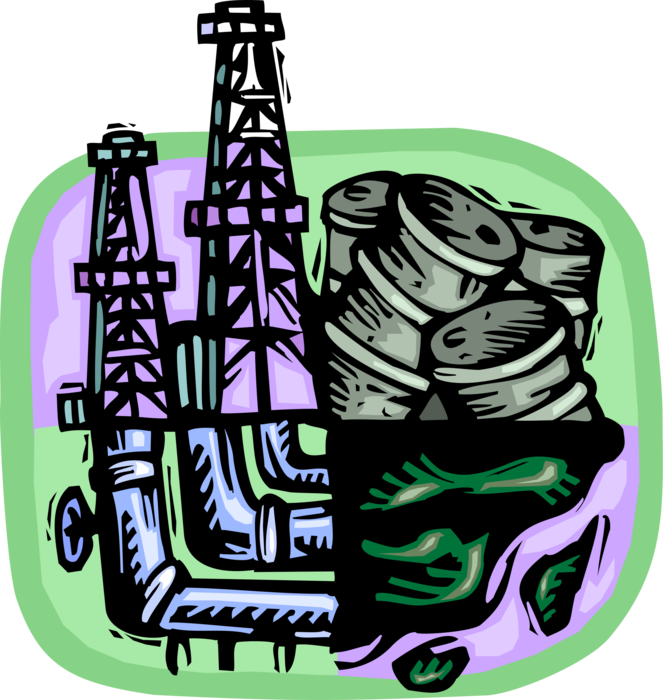 Vector Illustration of Fossil Fuel Oil Petroleum and Gas Industry Derrick Well with Barrels and Crude Oil Pipelines