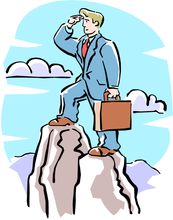 Vector Illustration of Businessman on Top of Mountain Surveys the Landscape