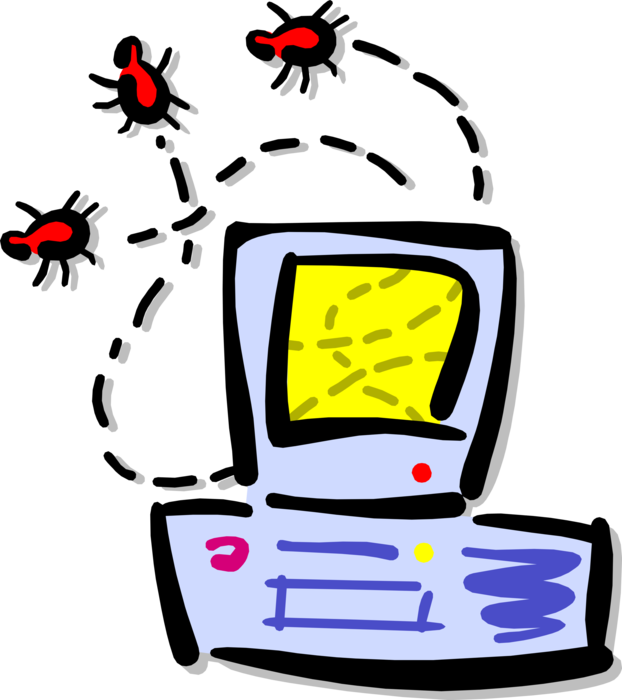 Vector Illustration of Personal Computer Workstation Connected to Local Area Network Infected with Virus