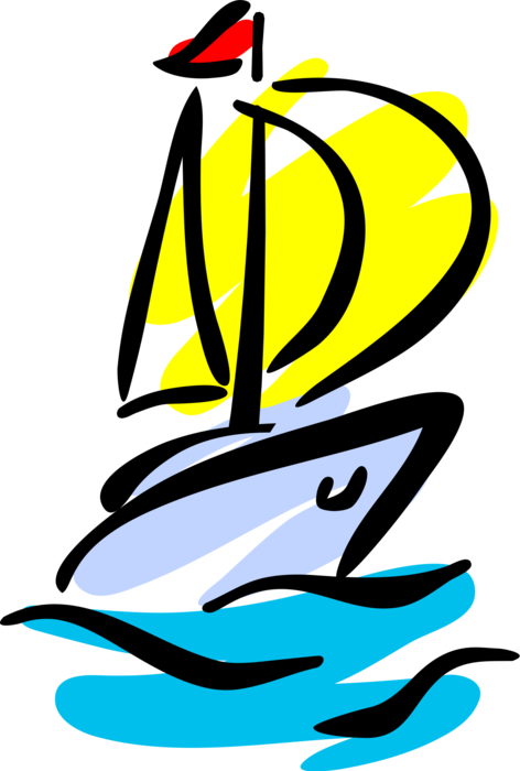 Vector Illustration of Sailboat Sailing on Water with Sails