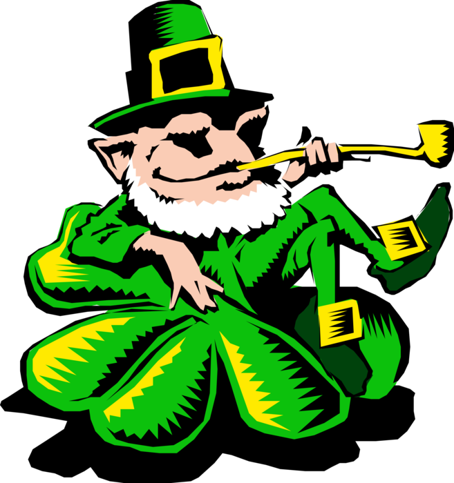 Vector Illustration of St Patrick's Day Irish Leprechaun Sitting on Shamrock Smokes Pipe