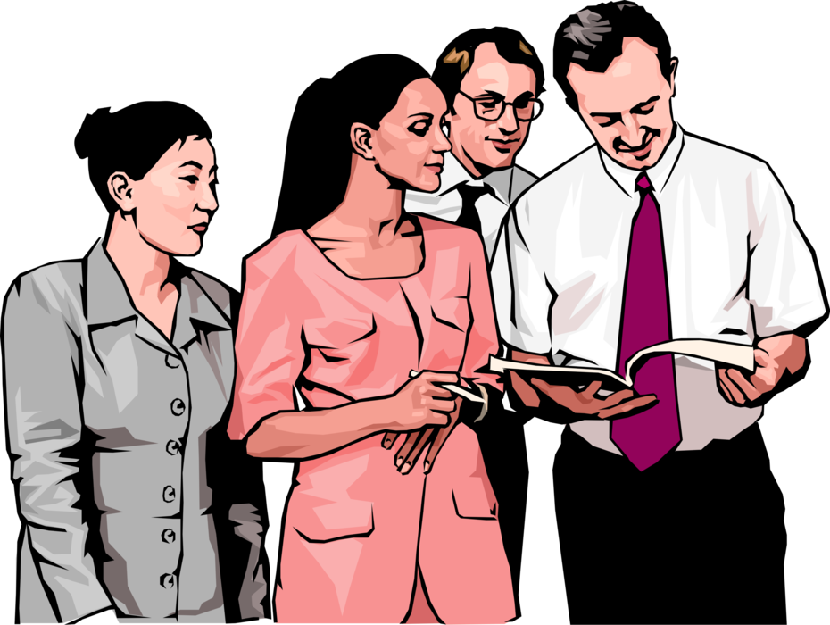 Vector Illustration of Office Colleagues Discuss Business Report