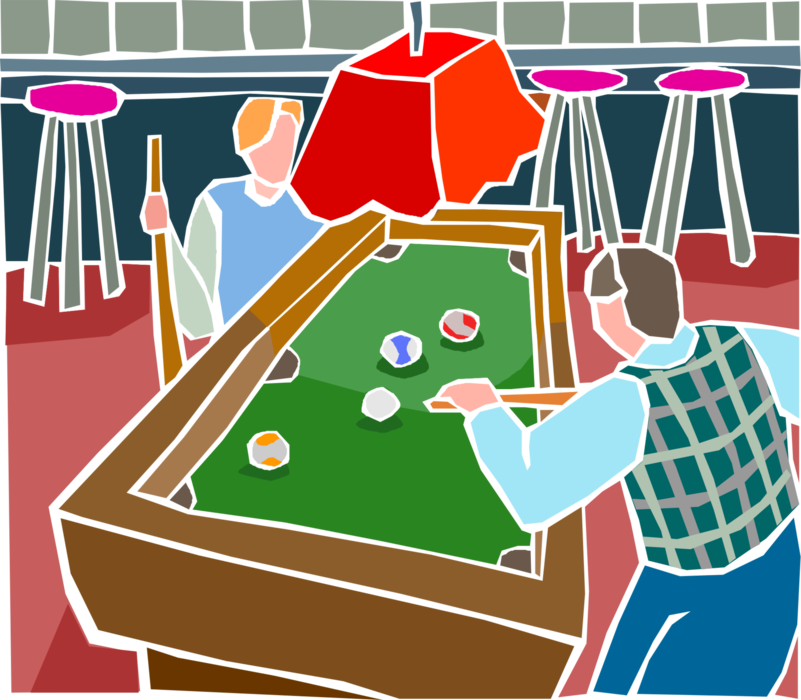 Vector Illustration of Enjoying Game of Pocket Billiards on Pool Table