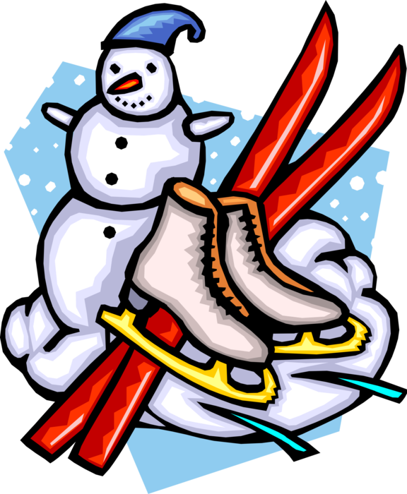 Vector Illustration of Winter Snowman Anthropomorphic Snow Sculpture with Figure Skates and Downhill Skis
