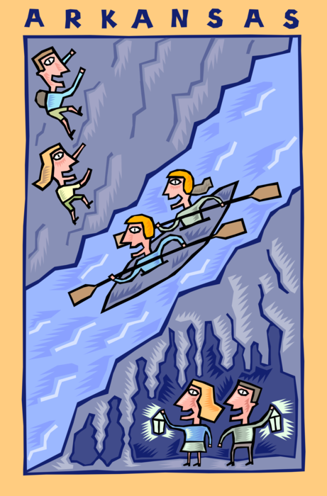 Vector Illustration of Arkansas Postcard Design Ozark Mountain Cave Spelunking and River Kayaking