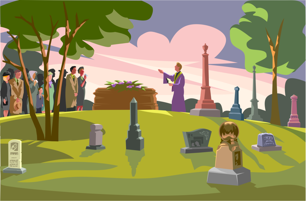 Vector Illustration of Funeral Service Deceased Burial at Gravesite