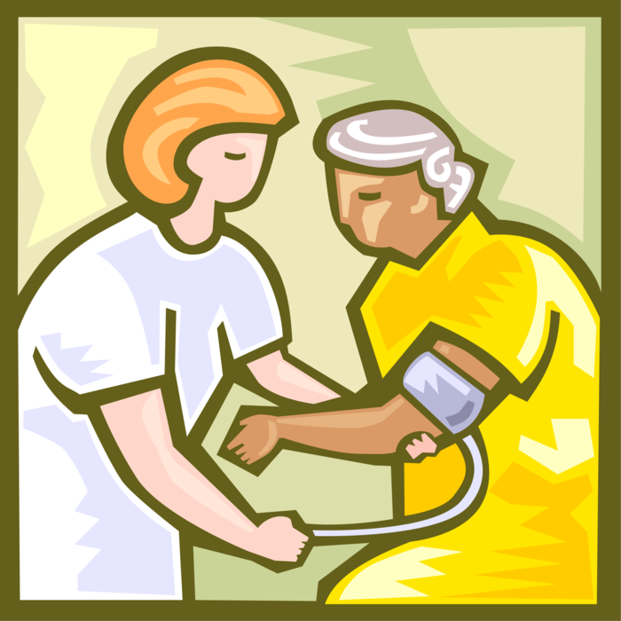 Vector Illustration of Patient with Blood Pressure Gauge Aneroid Sphygmomanometer with Cuff