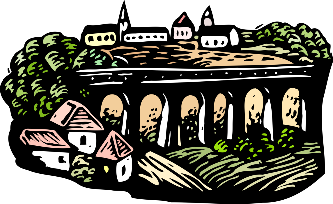 Vector Illustration of Pont Serme Roman Bridge of Via Domitia in Hérault, France 