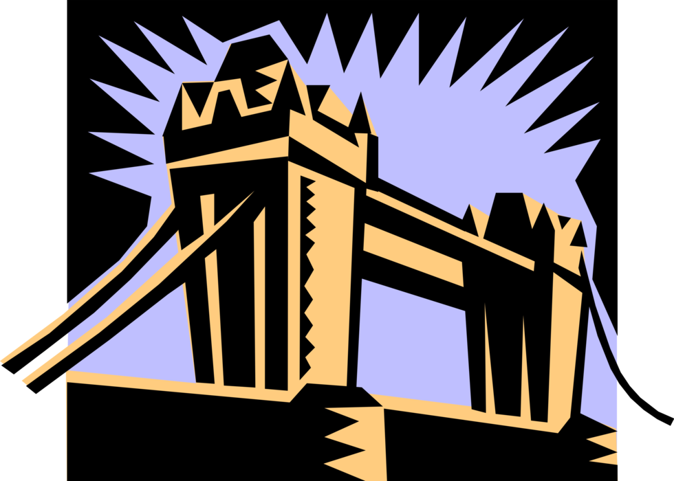 Vector Illustration of Tower Bridge Bascule and Suspension Bridge Crosses River Thames, London, England