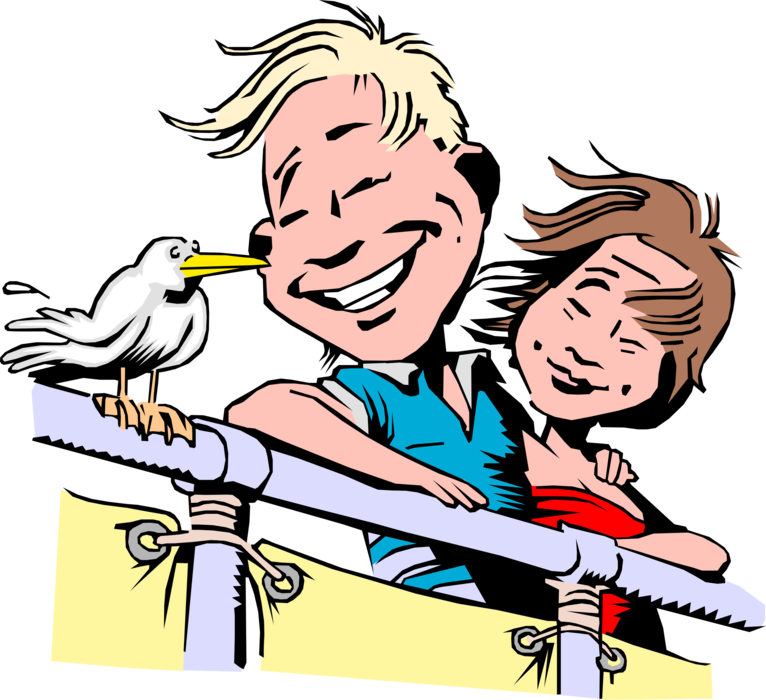 Vector Illustration of Couple on Cruise Ship Vacation with Seagull Bird