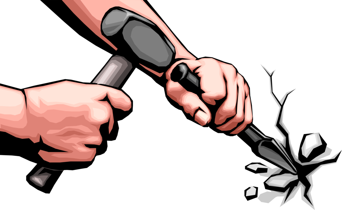 Vector Illustration of Hands with Sledgehammer and Tempered Steel Cold Chisel