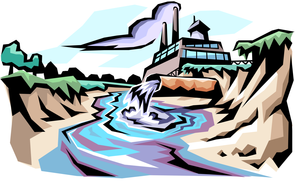 Vector Illustration of Industrial Factory Producing and Discharging Effluents into Environment