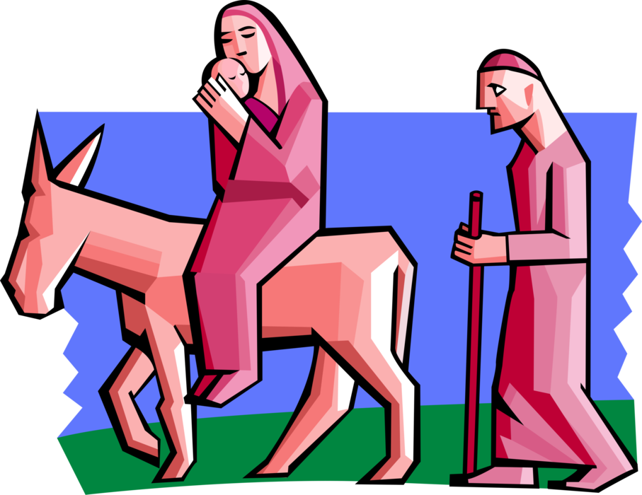 Vector Illustration of Mary and Baby Jesus Riding Donkey with Joseph