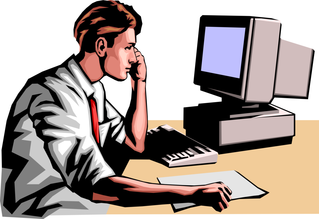 Vector Illustration of Businessman Works at Computer