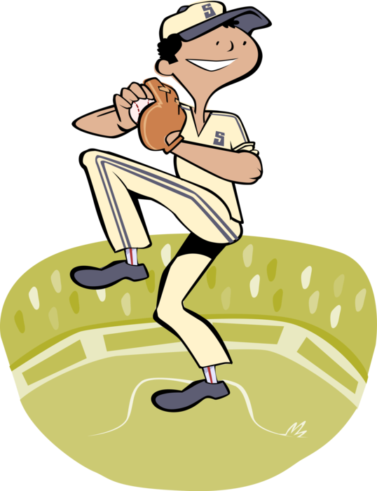 Vector Illustration of American Pastime Sport of Baseball Pitcher Winds Up with Ball to Throw Strike