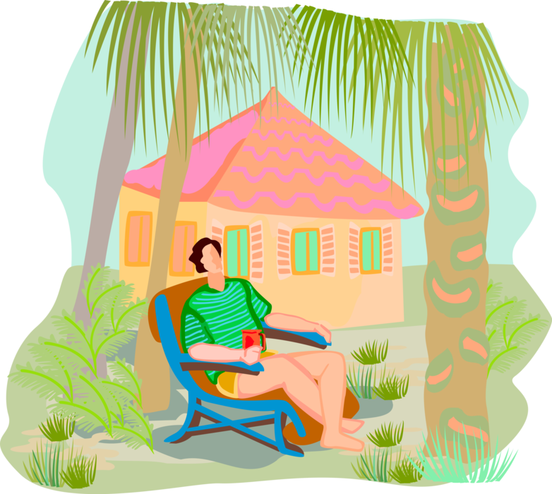 Vector Illustration of Lazy Summer Holidays Relaxing Under Palm Trees with Coffee