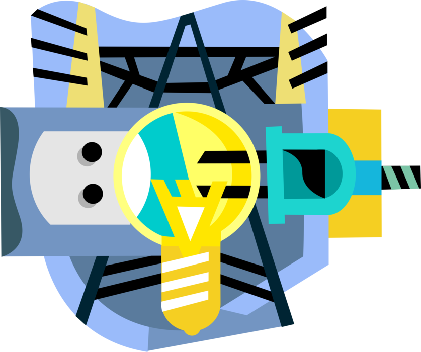 Vector Illustration of Electricity Transmission Tower and Electric Plug with Light Bulb