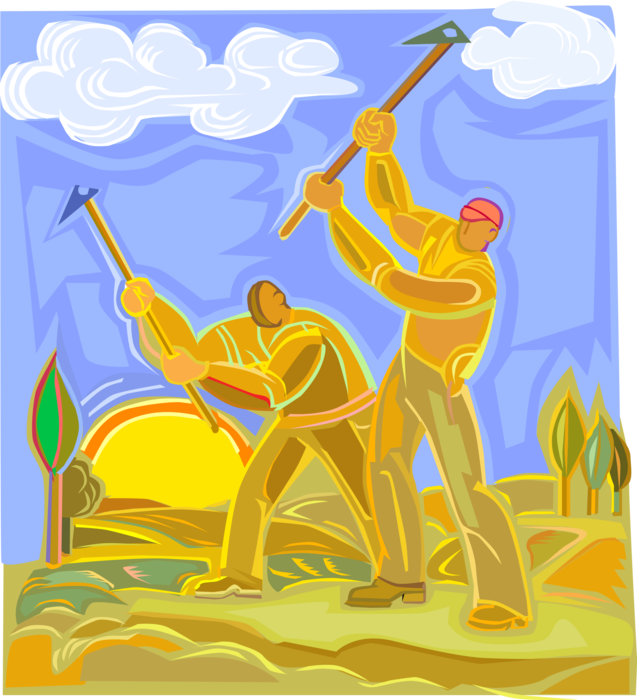 Vector Illustration of Farm Workers in the Fields with Hoes for Weeding and Breaking Up Soil 