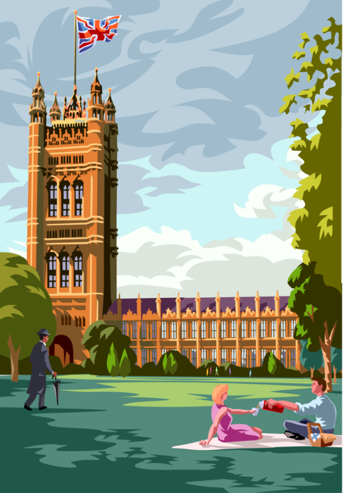 Vector Illustration of Victoria Tower Palace of Westminster, British House of Parliament, London, England