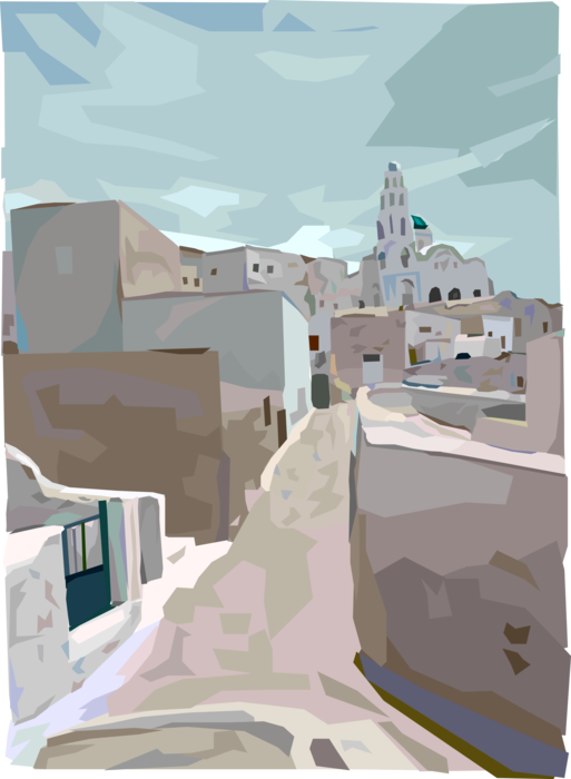 Vector Illustration of Greek Tourism in Cyclades Island of Santorini in Aegean Sea Village Street