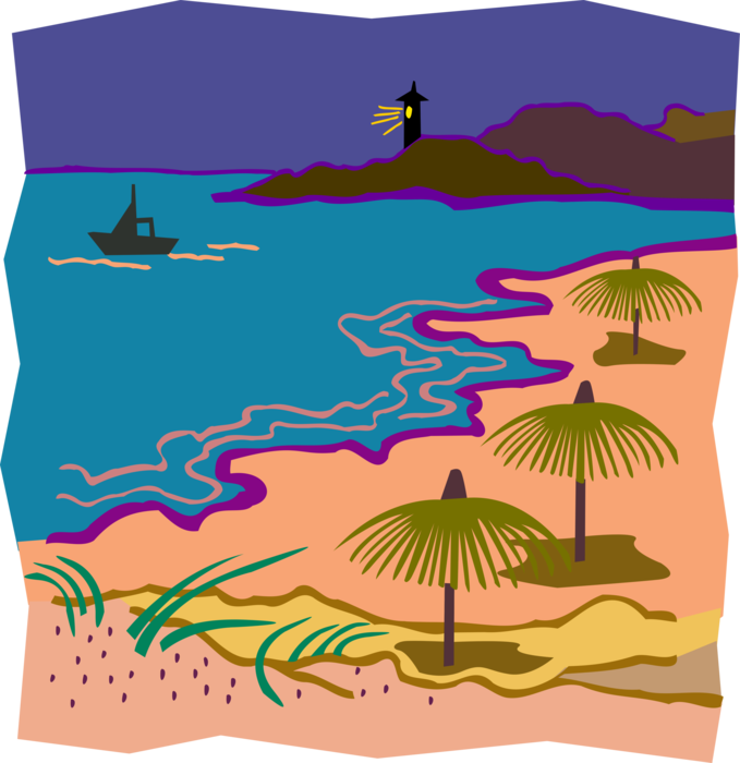 Vector Illustration of Tiki Grass Umbrellas or Parasols with Lighthouse and Boat