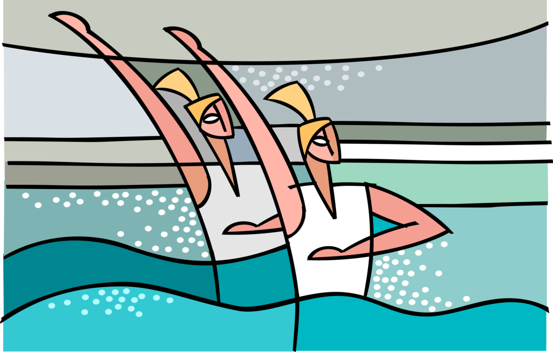 Vector Illustration of Synchronized Swimmers in Competitive Swim Routine in Pool