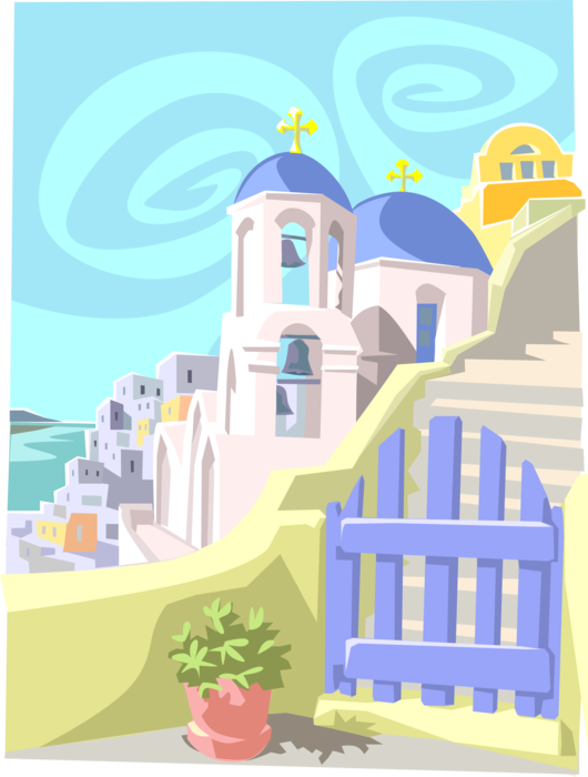 Vector Illustration of Greek Cyclades Island of Santorini in Aegean Sea with Orthodox Christian Church