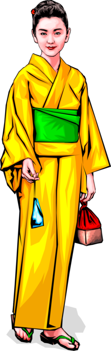 Vector Illustration of Japanese Woman with Yellow Kimono