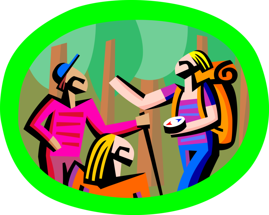 Vector Illustration of Hikers Discuss Magnetic Compass Directions While Hiking
