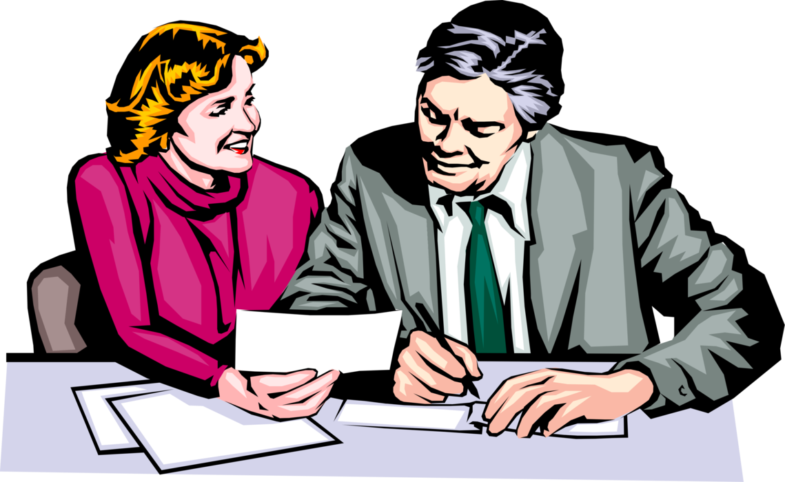 Vector Illustration of Businessman Writes Check to Pay Consultant's Invoice