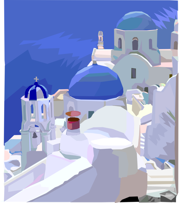Vector Illustration of Greek Tourism in Cyclades Island of Santorini in Aegean Sea Church and Bell Tower