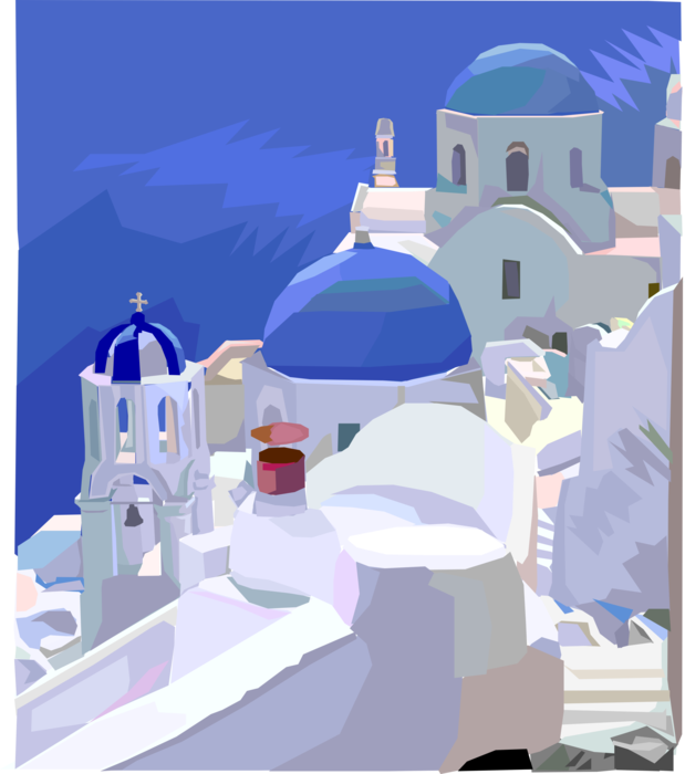 Vector Illustration of Greek Tourism in Cyclades Island of Santorini in Aegean Sea Church and Bell Tower