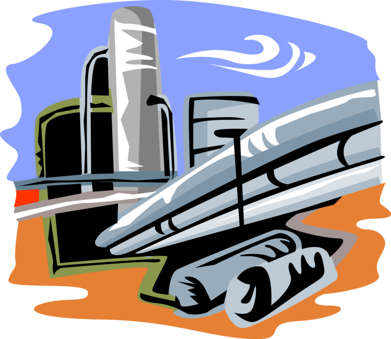 Vector Illustration of Fossil Fuel Oil and Gas Industry Energy Pipeline to Refinery for Crude Distillation and Processing