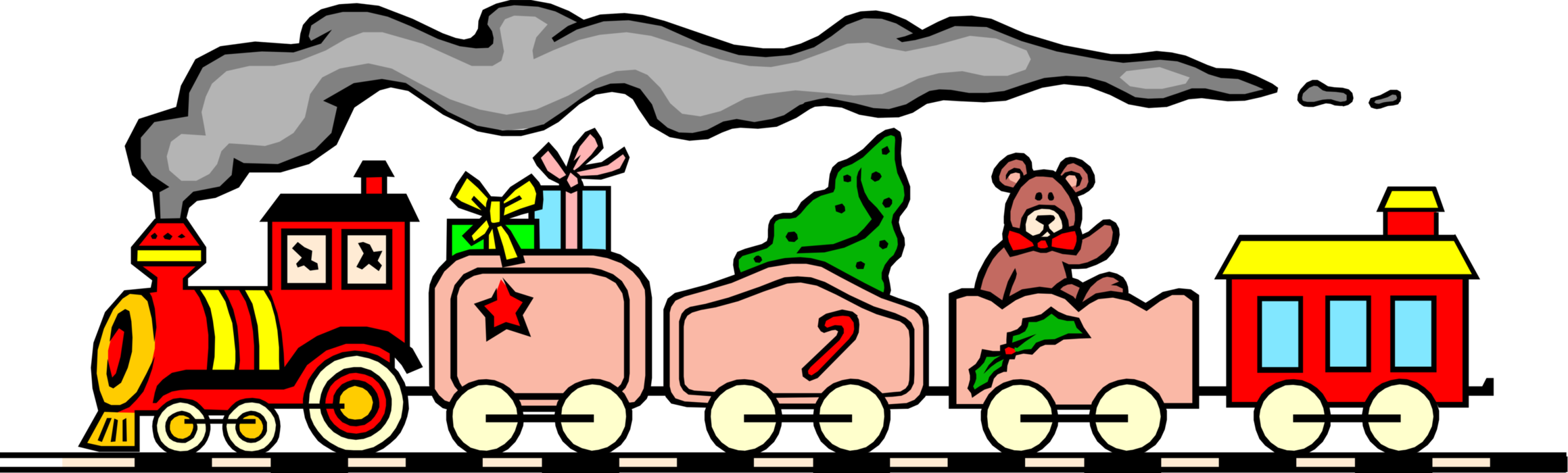 Vector Illustration of Children's Toy Train with Gifts and Teddy Bear
