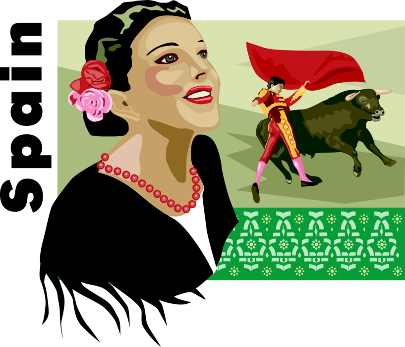 Vector Illustration of Spanish Postcard Design Matador Toreador Bullfighter in Bullring Fighting Bull, Spain