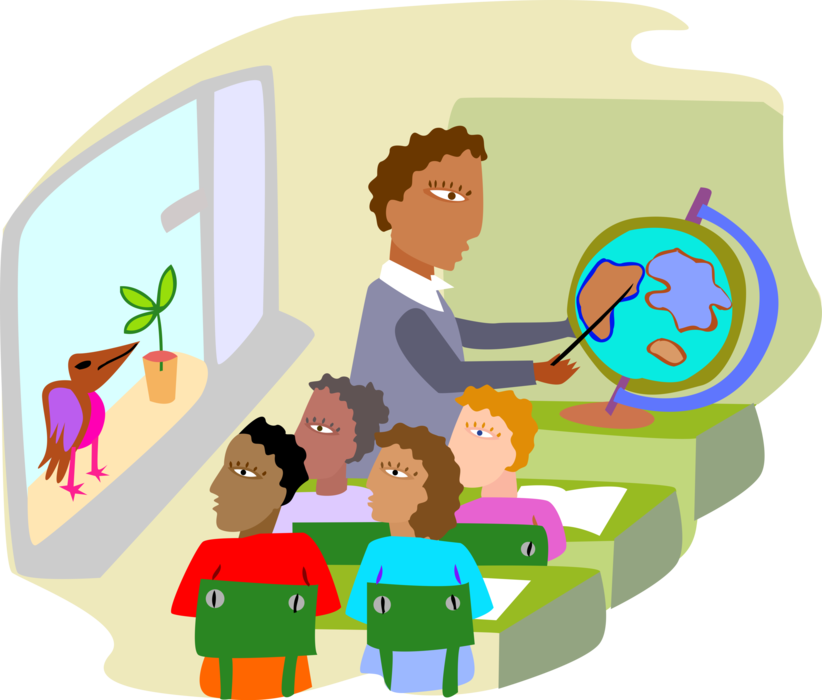Vector Illustration of Classroom with Teacher Instructing Class on Geography While Bird Distracts Students