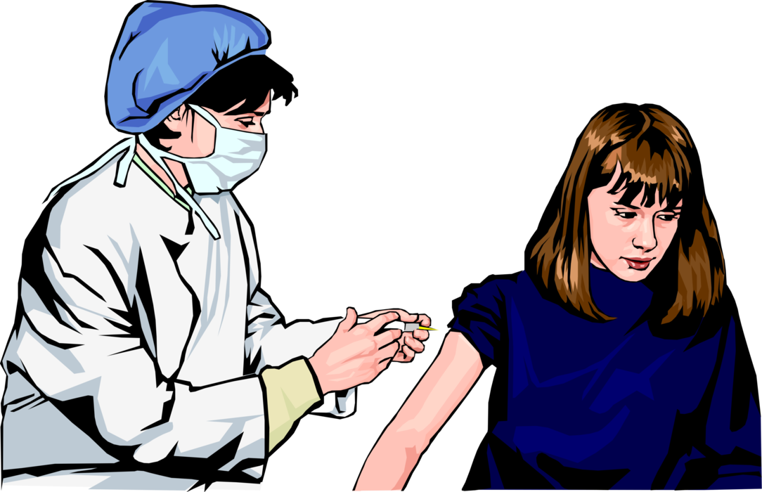 Vector Illustration of Health Care Nurse with Hypodermic Needle Administers Vaccination Inoculation Injection